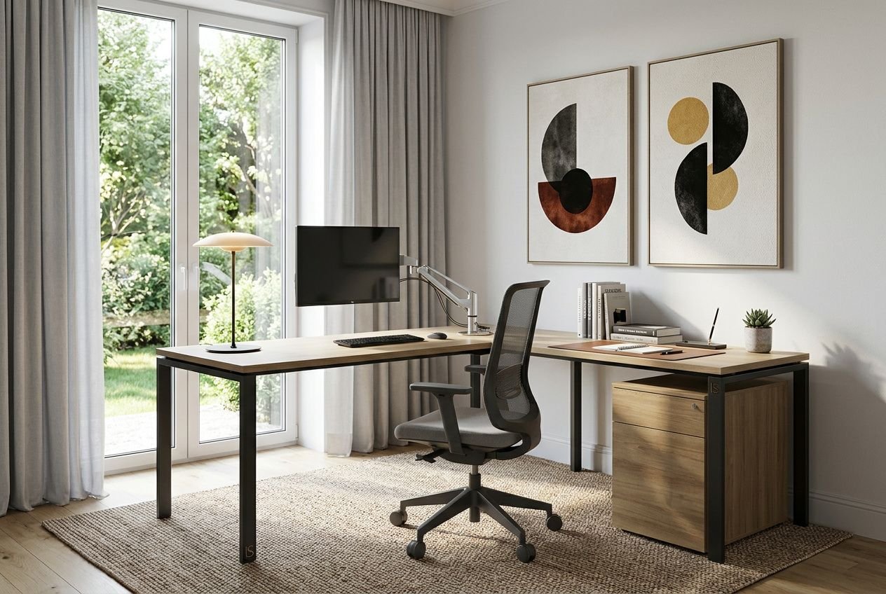 Bureau professionnel sur mesure : espace de travail moderne avec grand bureau, chaise ergonomique et rangements, près d’une fenêtre lumineuse.