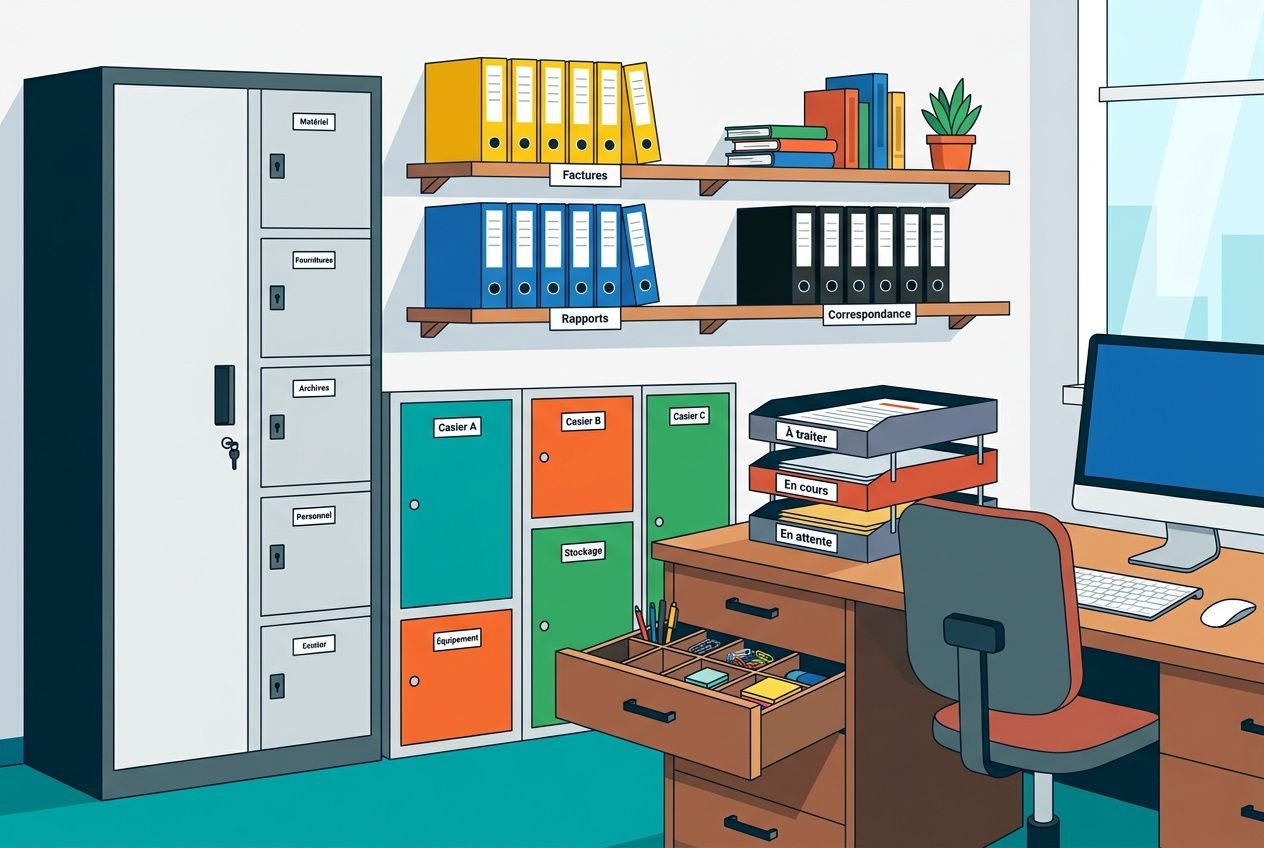Bureau professionnel organisé avec classeurs colorés sur étagères, tiroirs et une porte-faille; affiches et ordinateur sur le bureau. Comment bien organiser son bureau professionnel.