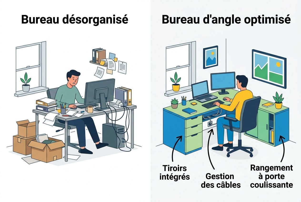 Bureau avec rangement intégré : bureau optimisé avec tiroirs intégrés, gestion des câbles et rangement à porte coulissante pour un espace de travail organisé.