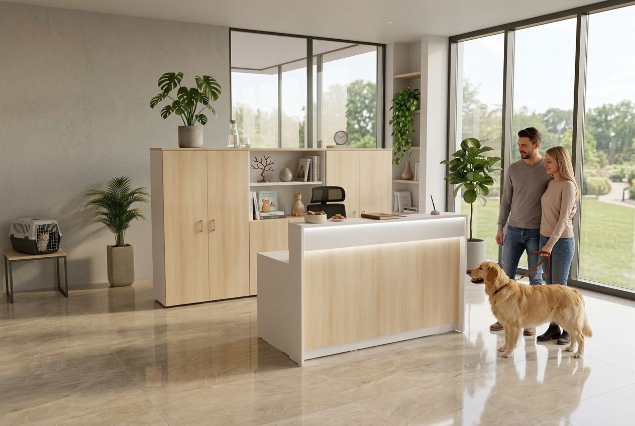Bureau réception vétérinaire design: espace d’accueil moderne avec comptoir clair et bois, mobilier sur mesure, grande baie vitrée et plante d’intérieur, chien patient avec couple.