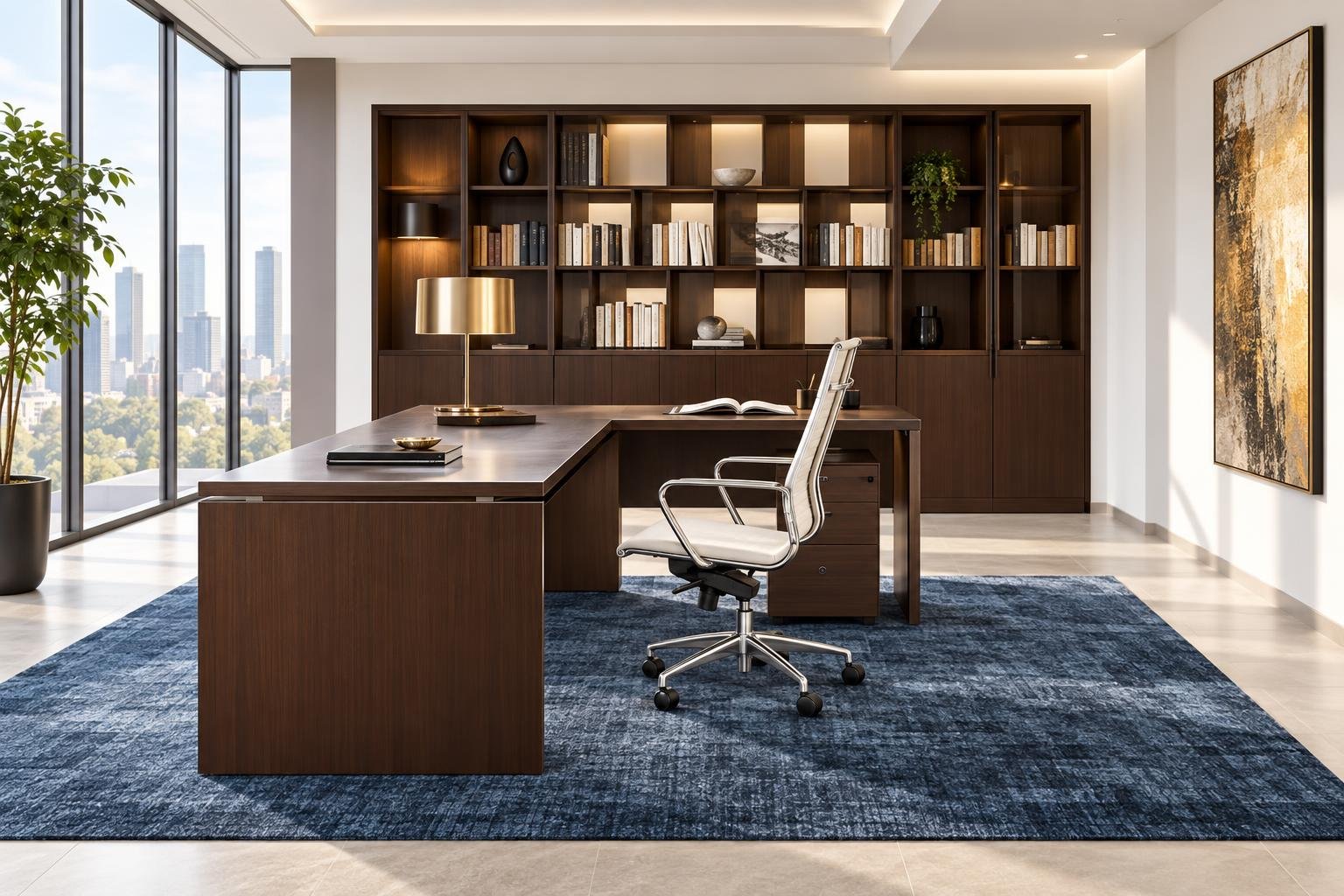 Bureau de style Directoire moderne en bois sombre avec chaise • grand bureau en L sur tapis bleu et étagères murales