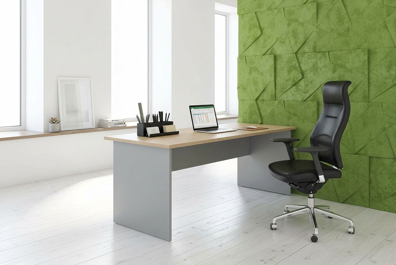 Bureau de télétravail moderne: grand plan de travail en bois clair avec support gris, chaise de bureau noire ergonomique, ordinateur portable et fournitures, coin lumineux et mur vert texturé.