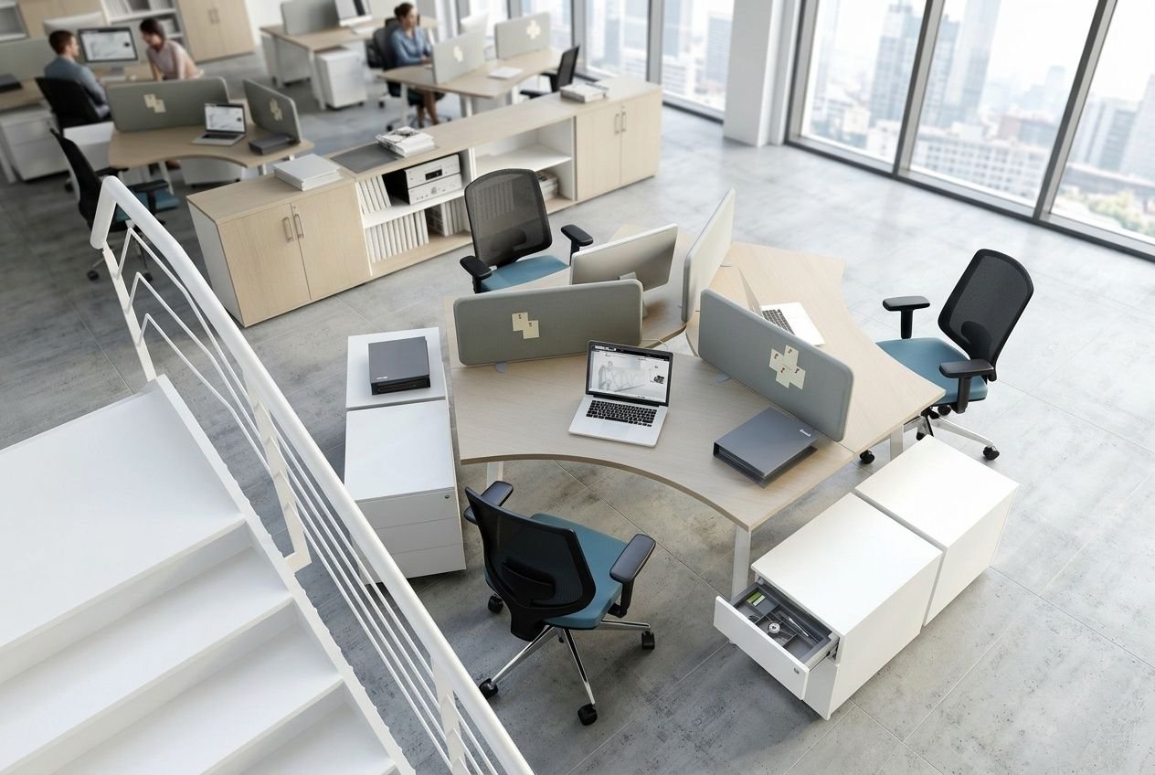 Bureaux ouverts avec postes de travail et cloisons, espace calme pour développer une bine acoustique bureau, lumière naturelle et vue urbaine.