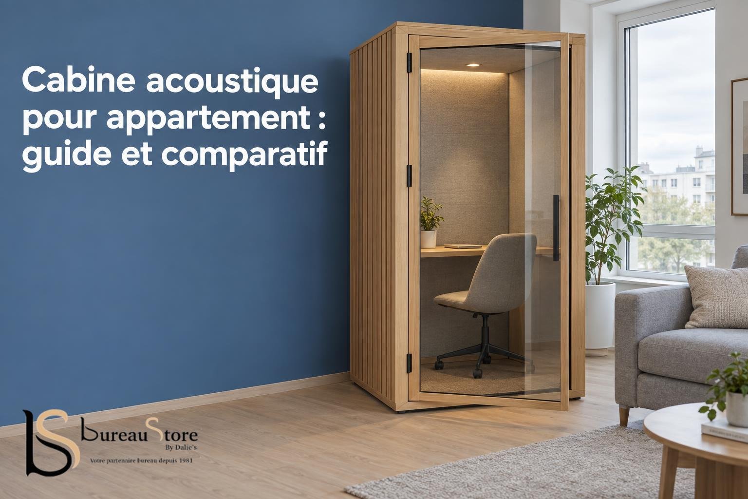 Une cabine acoustique en bois avec paroi et porte en verre dans un salon, près d’un canapé et d’une table basse.