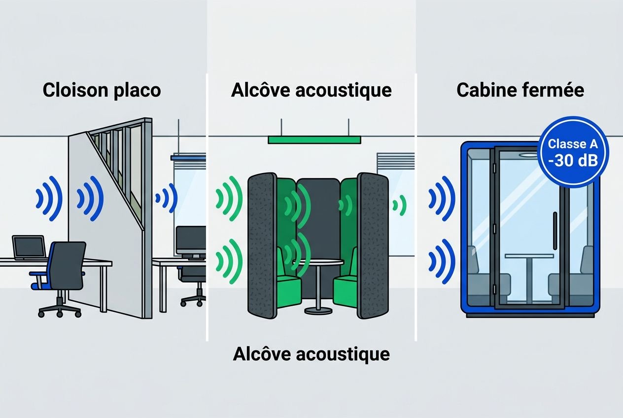 Cabine acoustique bureau: illustration des différentes solutions, cloison placo, alcôve acoustique et cabine ouverte/fermée, avec symboles sonores et un badge Classe A.