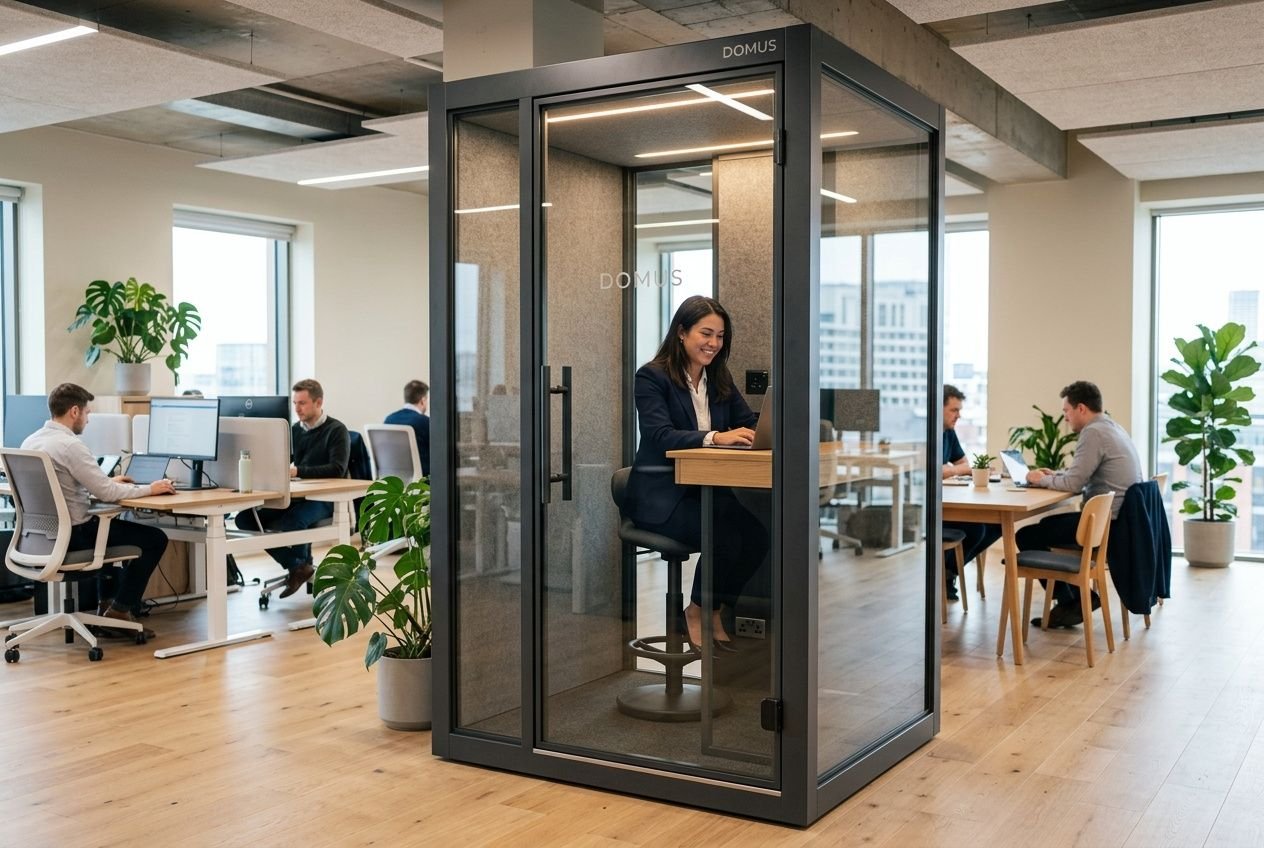 Cabine acoustique bureau occasion en espace de coworking avec personne à l’intérieur, glass door noire et ambiance lumineuse.