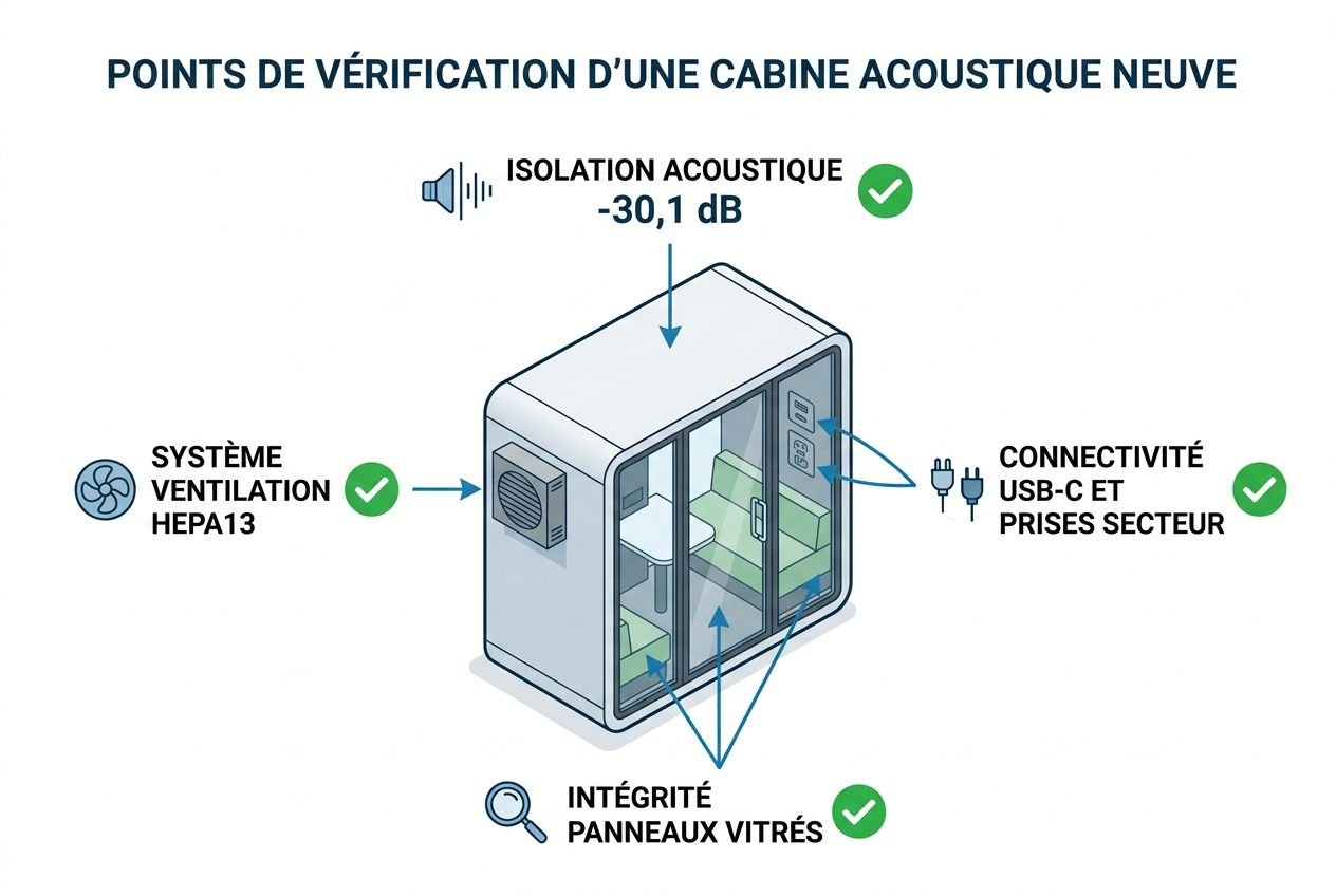 Cabine acoustique bureau occasion montrant isolation et vitrage, connectivité USB-C, ventilation, et panneaux vitrés avec indicateurs de conformité.