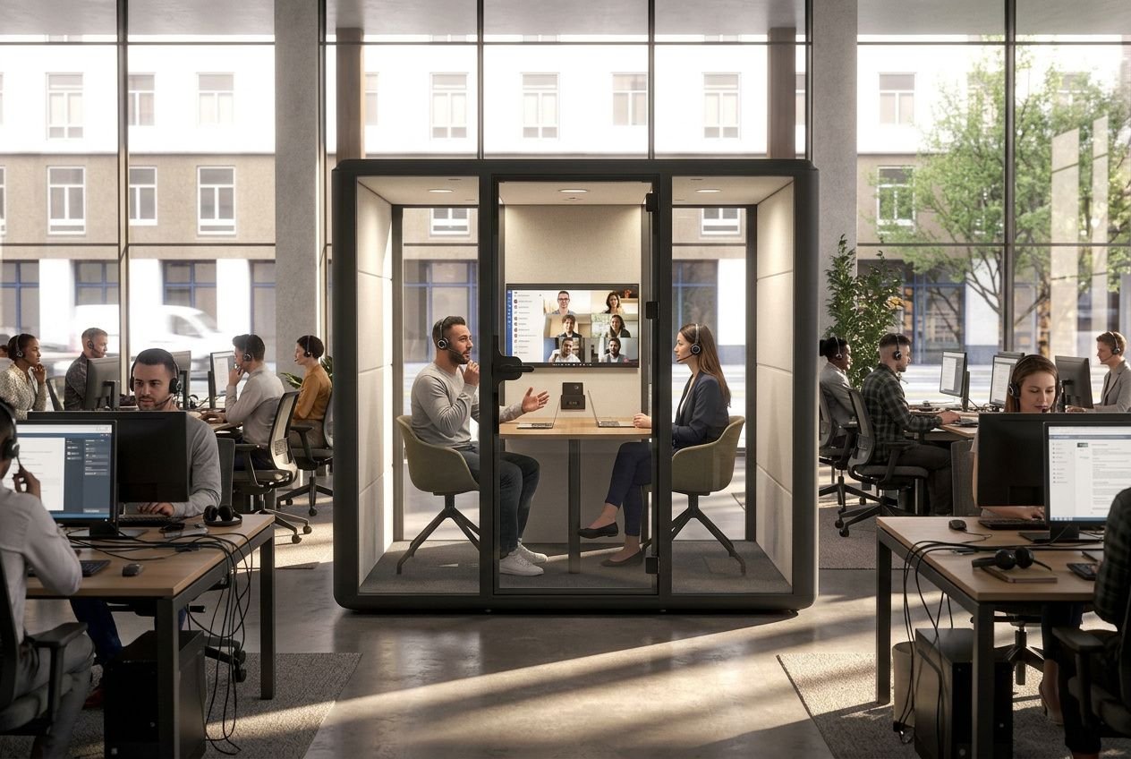 Cabine acoustique call center moderne en open space, avec agents en visioconférence autour d’un petit bureau invisible derrière les parois vitrées.