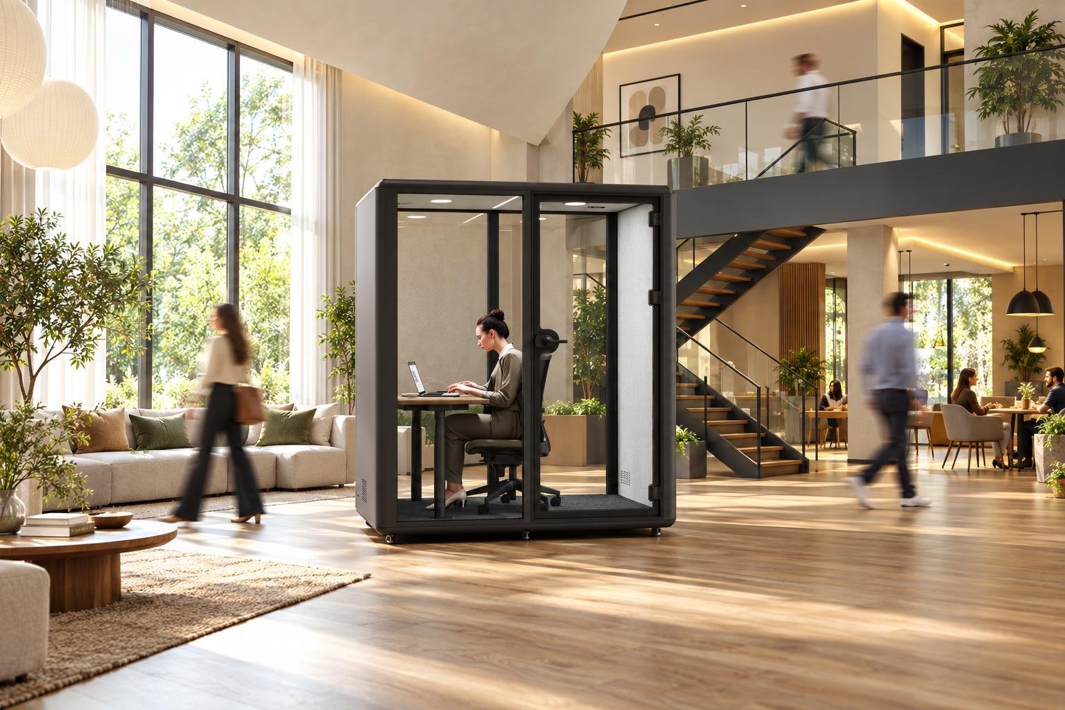 Une cabine acoustique compacte installée dans un espace intérieur moderne avec personnes et mobilier autour.