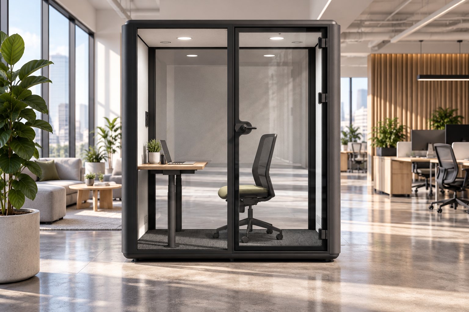 Cabine d’isolement avec bureau et chaise au milieu d’un open space moderne.