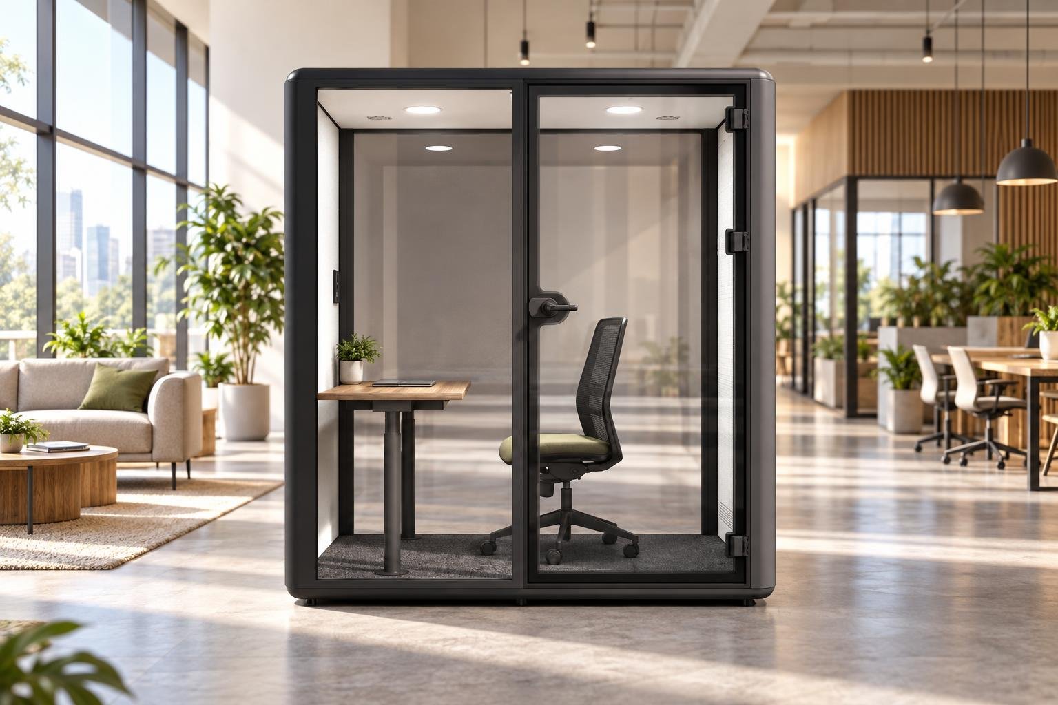 Cadre de bureau individuel isolé avec cloison vitrée et chaise dans une cabine au sein d’un espace de coworking lumineux.