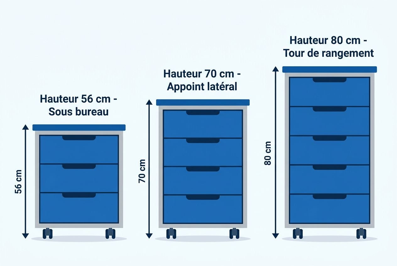 Caisson à roulettes affichant trois hauteurs: 56 cm sous-bureau, 70 cm appoint latéral et 80 cm tour de rangement, avec tiroirs et roues. Intégration du concept de rangement modulable et caisson roulettes flexibilité.