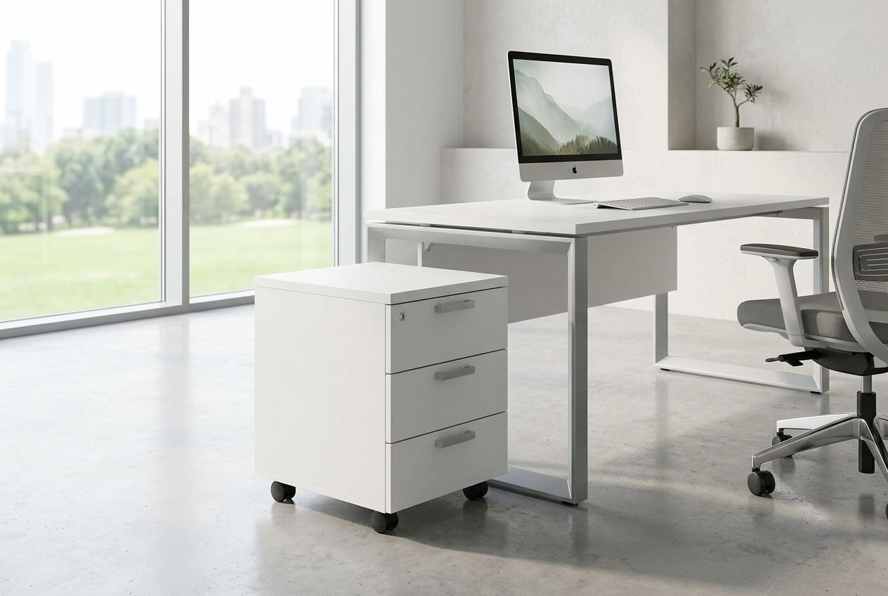Caisson à roulettes blanc avec tiroirs, près d’un bureau moderne surplombé par une grande baie vitrée; mobilité et rangement modulable et caisson roulettes flexibilité en contexte bureau.