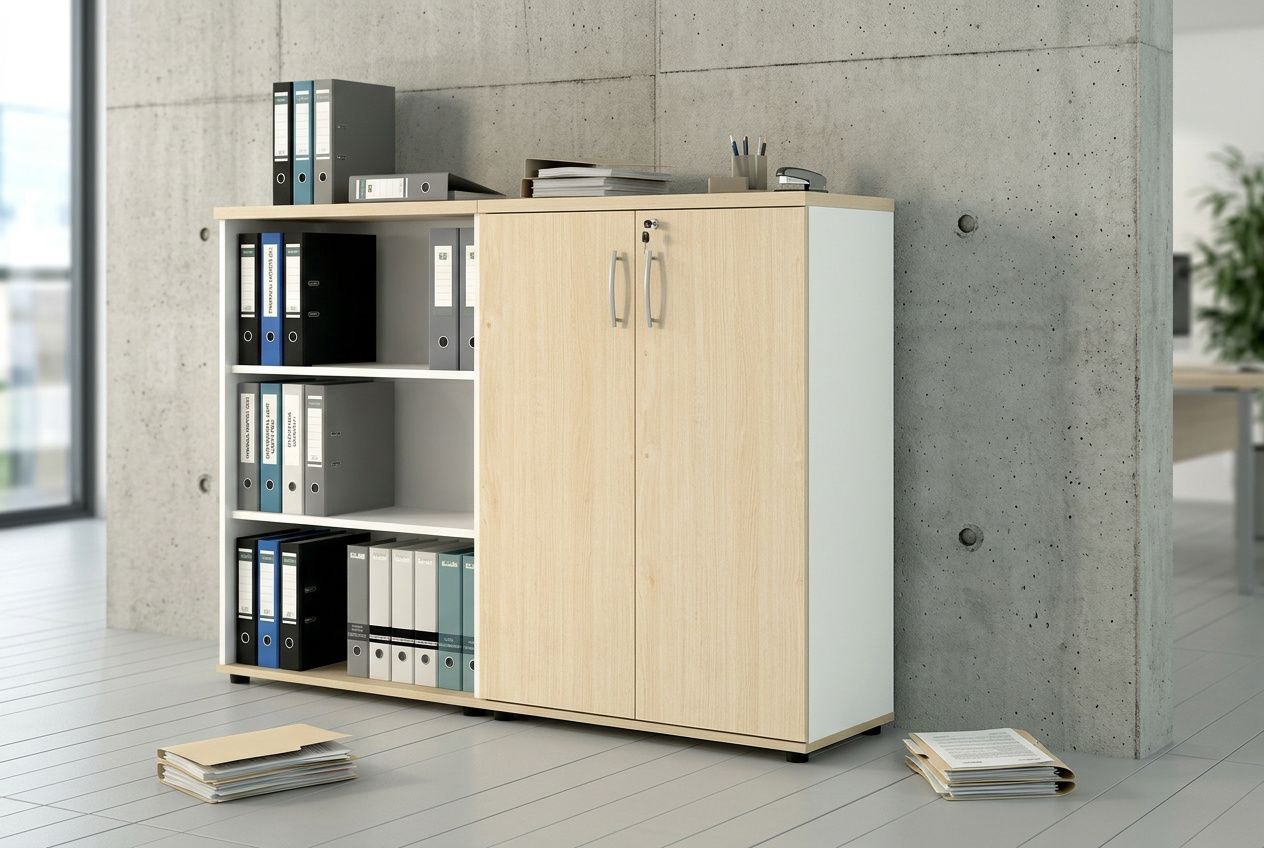 Casier de rangement professionnel mixant étagères et armoire, devant un mur en béton, avec dossiers et documents ordonnés.