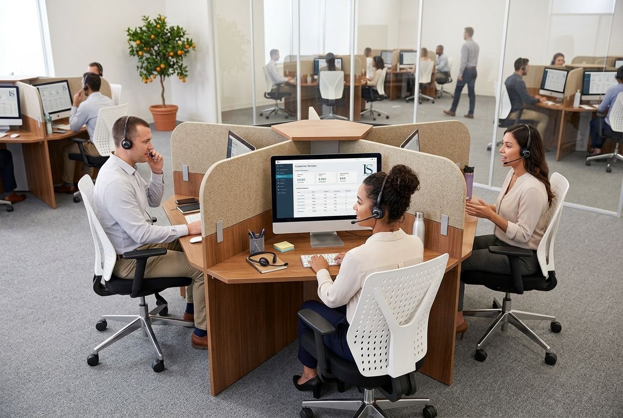 Centre d’appel en open space avec agents au poste, casques et écrans, en environnement professionnel.