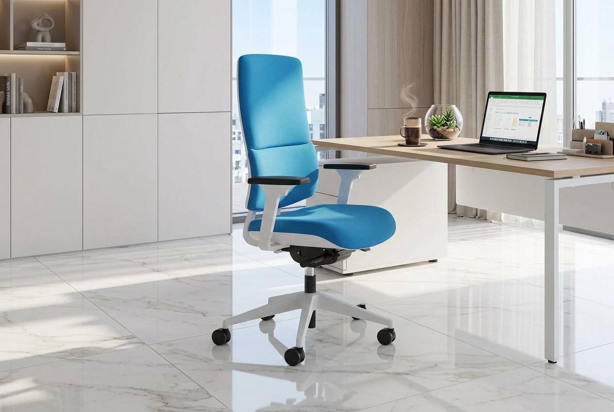 Chaise de bureau bleue ergonomique et bureau contemporain, espace de télétravail lumineux et rangements blancs.