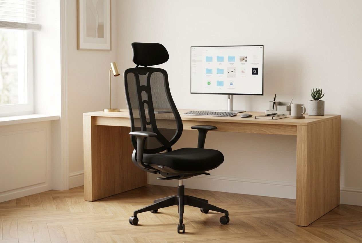 Chaise de bureau ergonomique et bureau en bois clair, poste de travail avec écran, clavier et plantes, ambiance lumineuse. Conception ergonomique des espaces de travail en bureaux.
