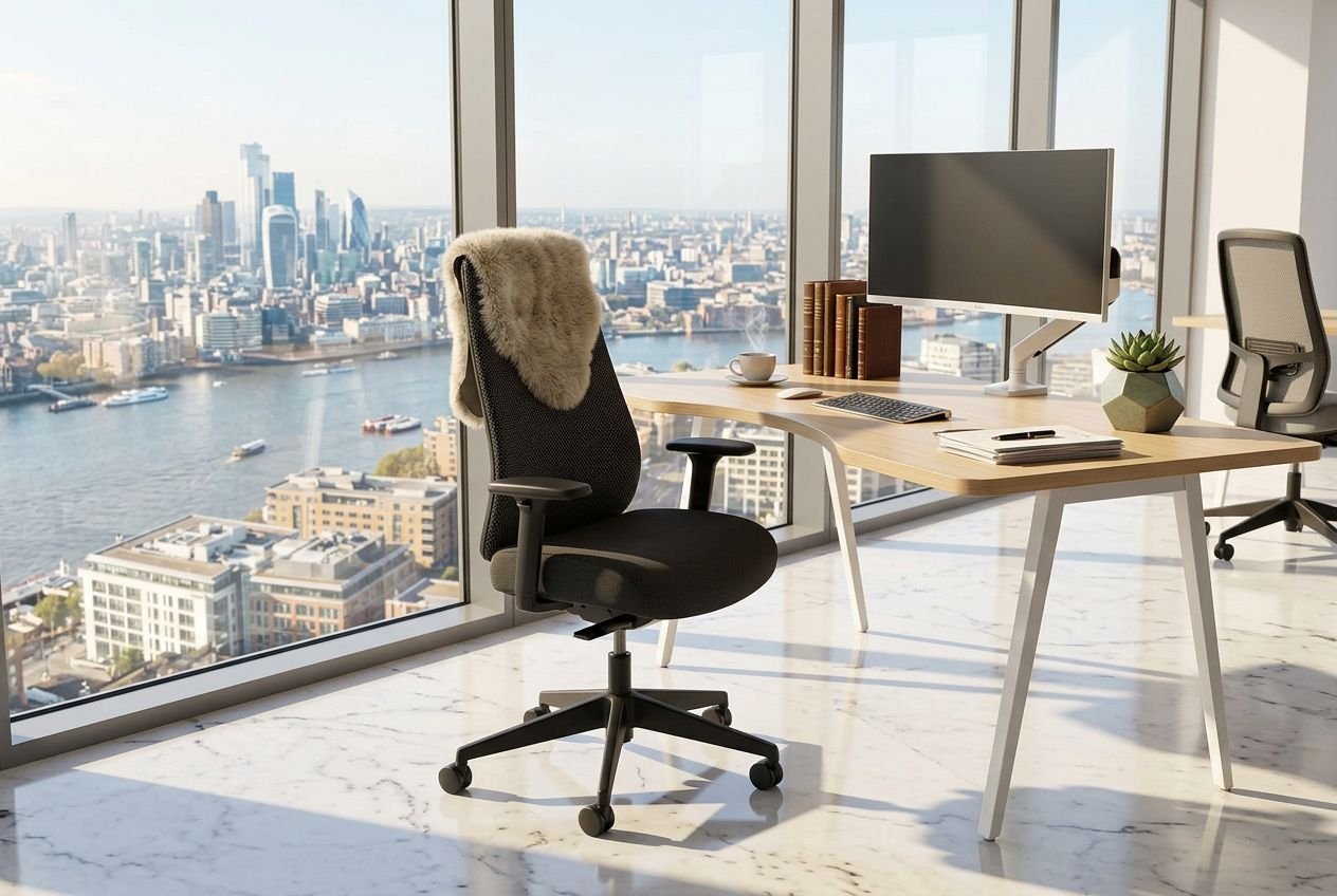 Chaise de bureau ergonomique confortable avec dossier noir, accoudoirs et repose-pieds, près d’un grand bureau clair en hauteur dans un bureau lumineux avec vue sur la ville. intègre le mot-clé: comment choisir un bon fauteuil de bureau.