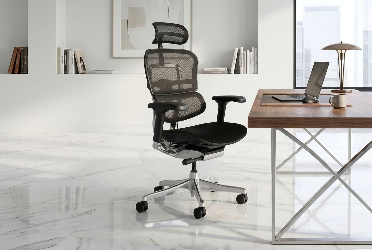 Chaise de bureau ergonomique confortable noire avec dossier en maille, appuie-tête et accoudoirs, sur socle à roulettes près d’un bureau en bois.