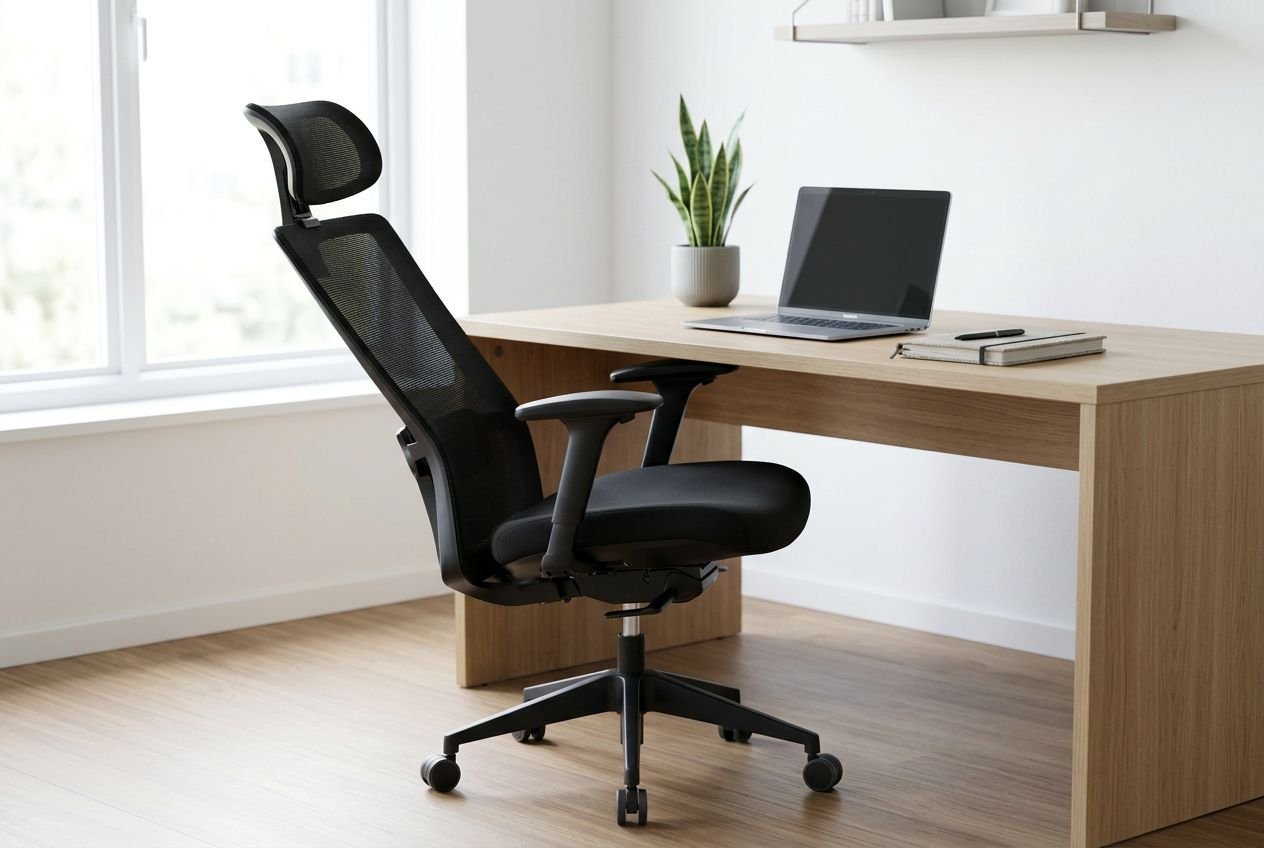 Chaise de bureau ergonomique confortable noire, siège rembourré et dossier en maille, ajustable avec accoudoirs, près d’un bureau en bois et ordinateur.