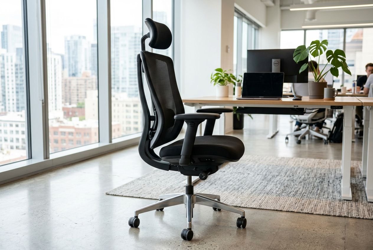 Chaise de bureau ergonomique avec dossier haut, support cervical et accoudoirs, idéale pour l’ergonomie bureau accessoires dans un espace de travail moderne.