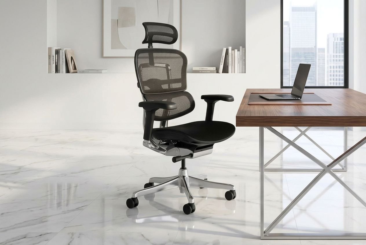 Chaise de bureau ergonomique avec dossier en mesh et soutien lombaire, près d’un bureau en bois et PC, dans un intérieur lumineux. Conception ergonomique des espaces de travail en bureaux.