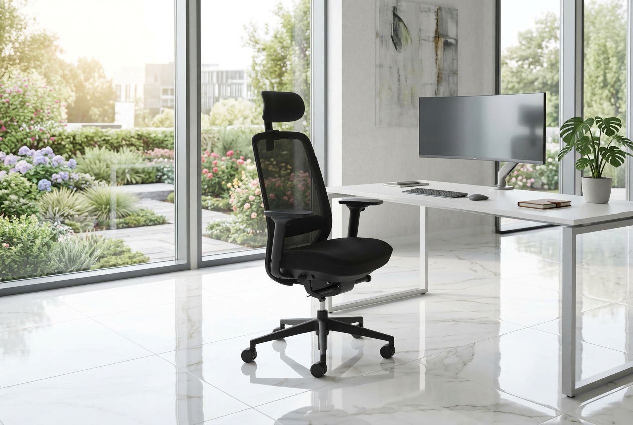 Chaise de bureau ergonomique dans un espace de télétravail lumineux avec bureau et écran, prêt à améliorer l’ergonomie poste de travail télétravail.