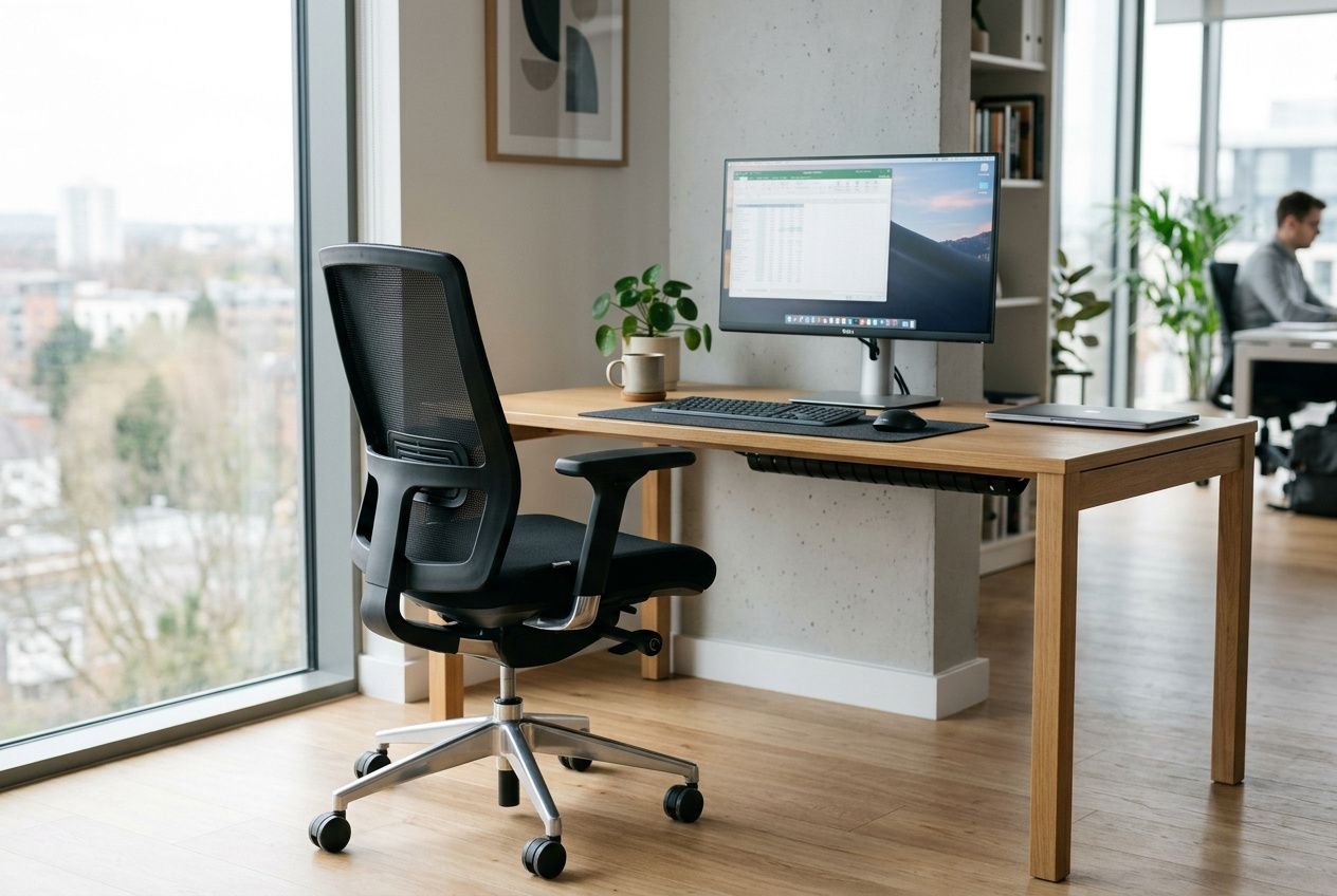Chaise de bureau ergonomique noire ajustable près d’un bureau en bois, ordinateur et plantes, dans un espace de travail lumineux. comment choisir un fauteuil de bureau ergonomique