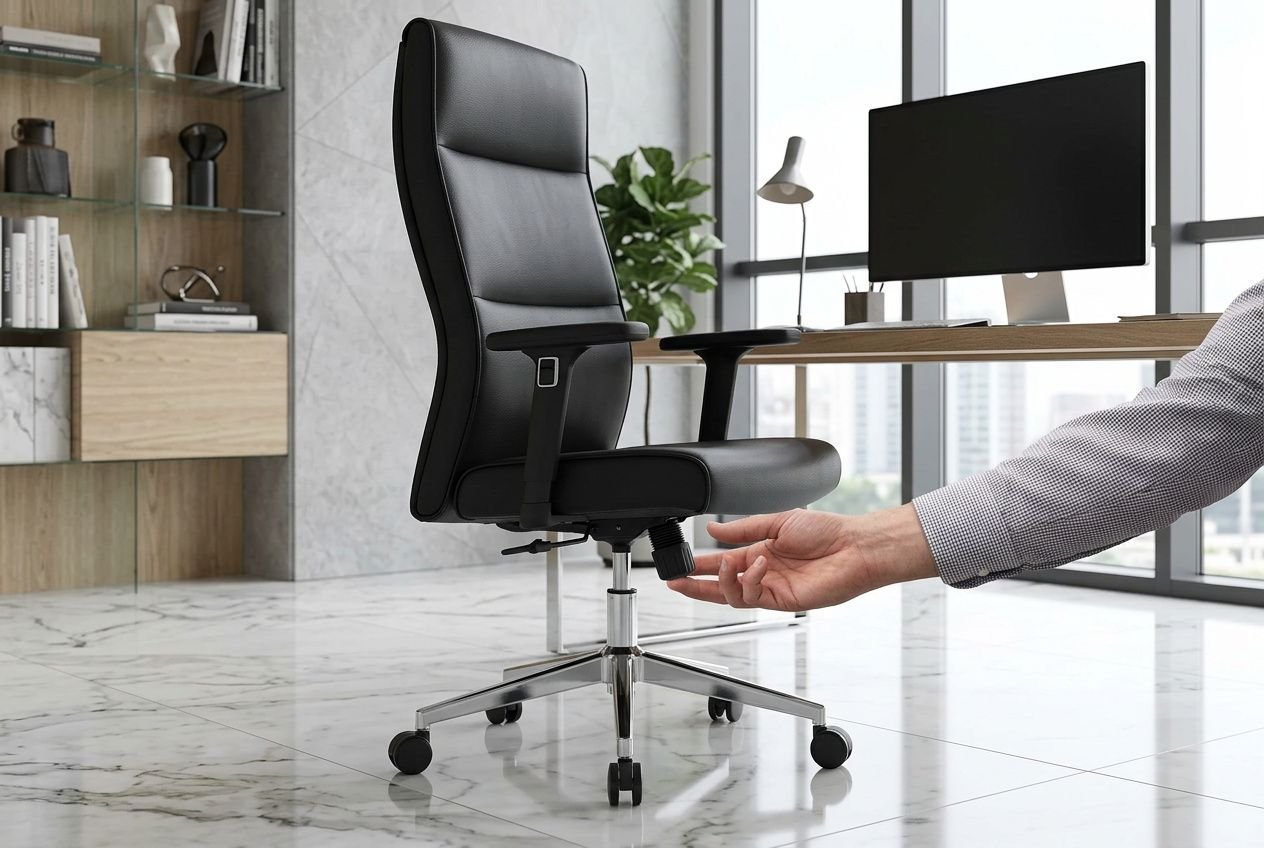 Chaise de bureau ergonomique noire avec réglages; main ajustant le levier sous l’assise près d’un bureau moderne. Integrates "comment choisir un bon fauteuil de bureau" naturellement.