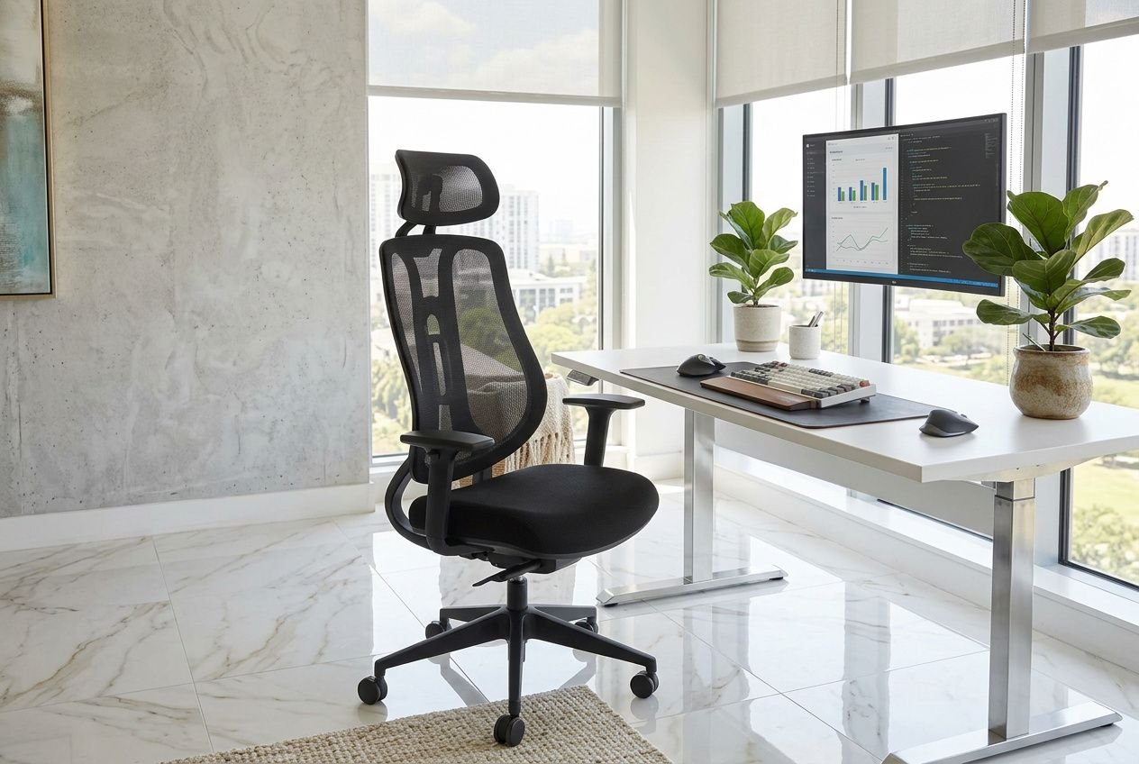 Chaise de bureau ergonomique noire sur roulettes près d’un bureau avec écran et plantes, idéale pour apprendre comment choisir un bon fauteuil de bureau.