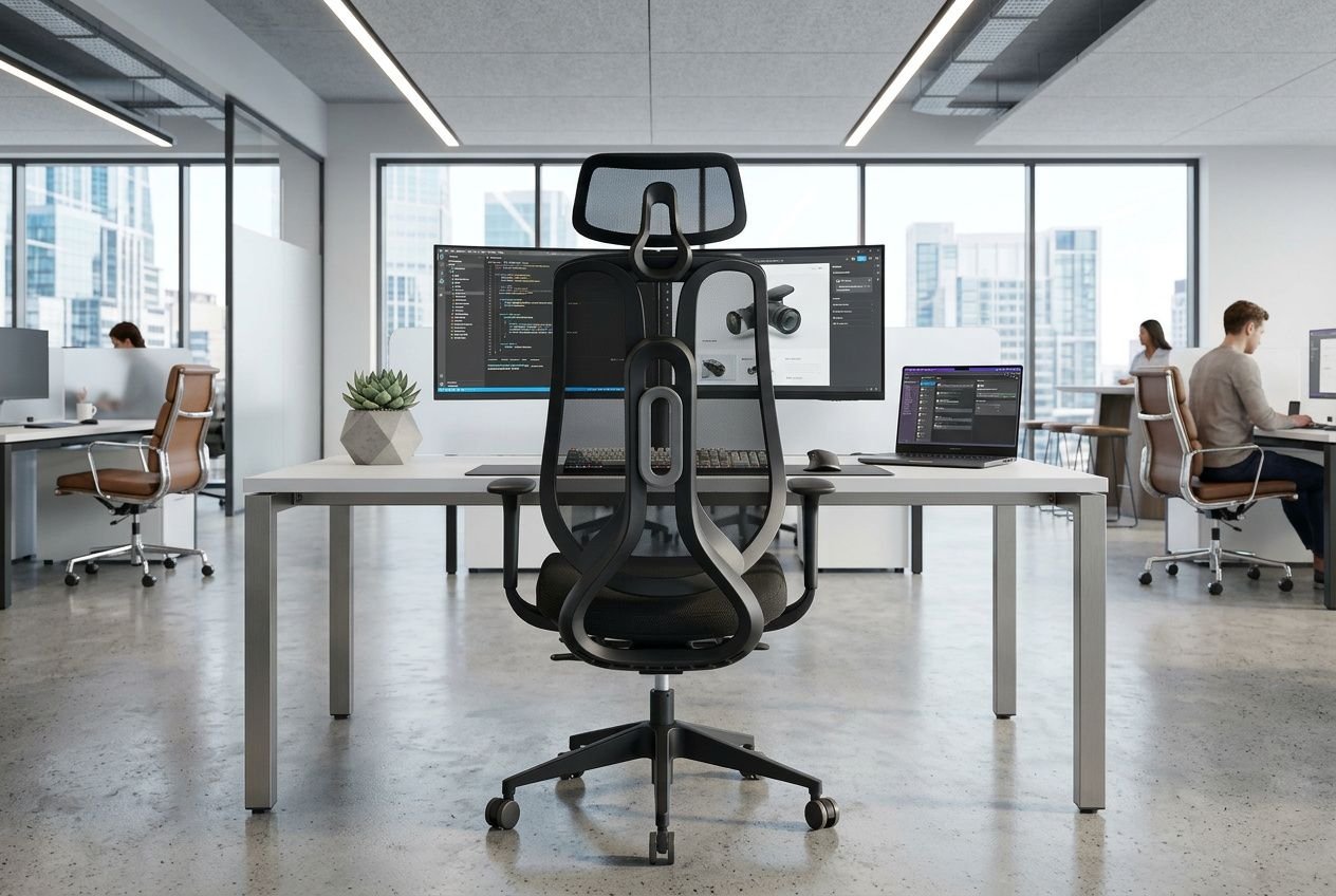 Chaise ergonomique de bureau au centre d’un poste de travail moderne, écrans doubles et bureau réglable, ambiance open space. conception ergonomique des espaces de travail en bureaux