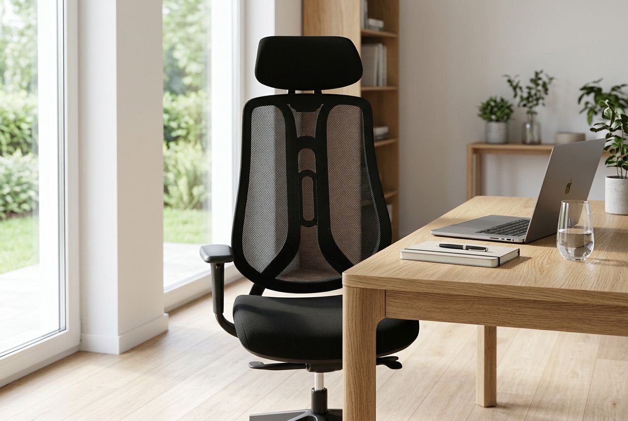 Chaise ergonomique bureau avec dossier mesh et soutien lombaire, près d’un bureau en bois et ordinateur.
