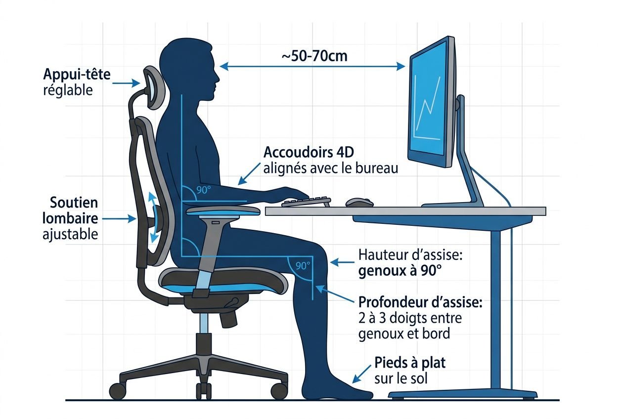Chaise ergonomique douleur dos: silhouette d’un poste de travail avec chaise de bureau, dossier et accoudoirs ajustables, tapis de sol et écran, montrant posture correcte et distances recommandées.