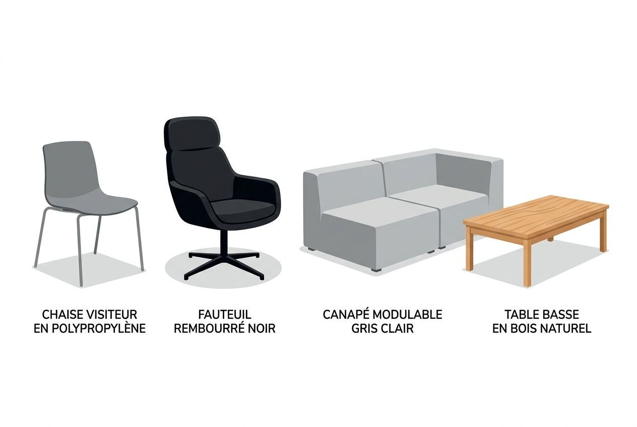 Chaise visiteur en polypropylène, fauteuil rembourré noir, canapé modulaire gris clair et table basse en bois naturel, pour besoins dans un espace d'accueil.