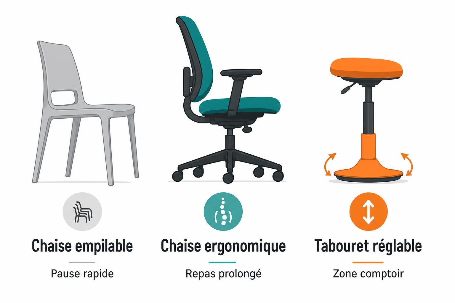 Chaises empilables et tabouret réglable illustrant l’aménagement d’une salle de pause ergonomique en entreprise, avec chaise ergonomique et tabouret hauteur ajustable.