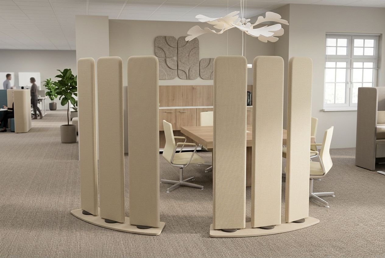 Cloisons acoustiques en arc de cercle autour d’une table de réunion, avec des panneaux d’isolation phonique beige pour optimiser l’espace bureau.