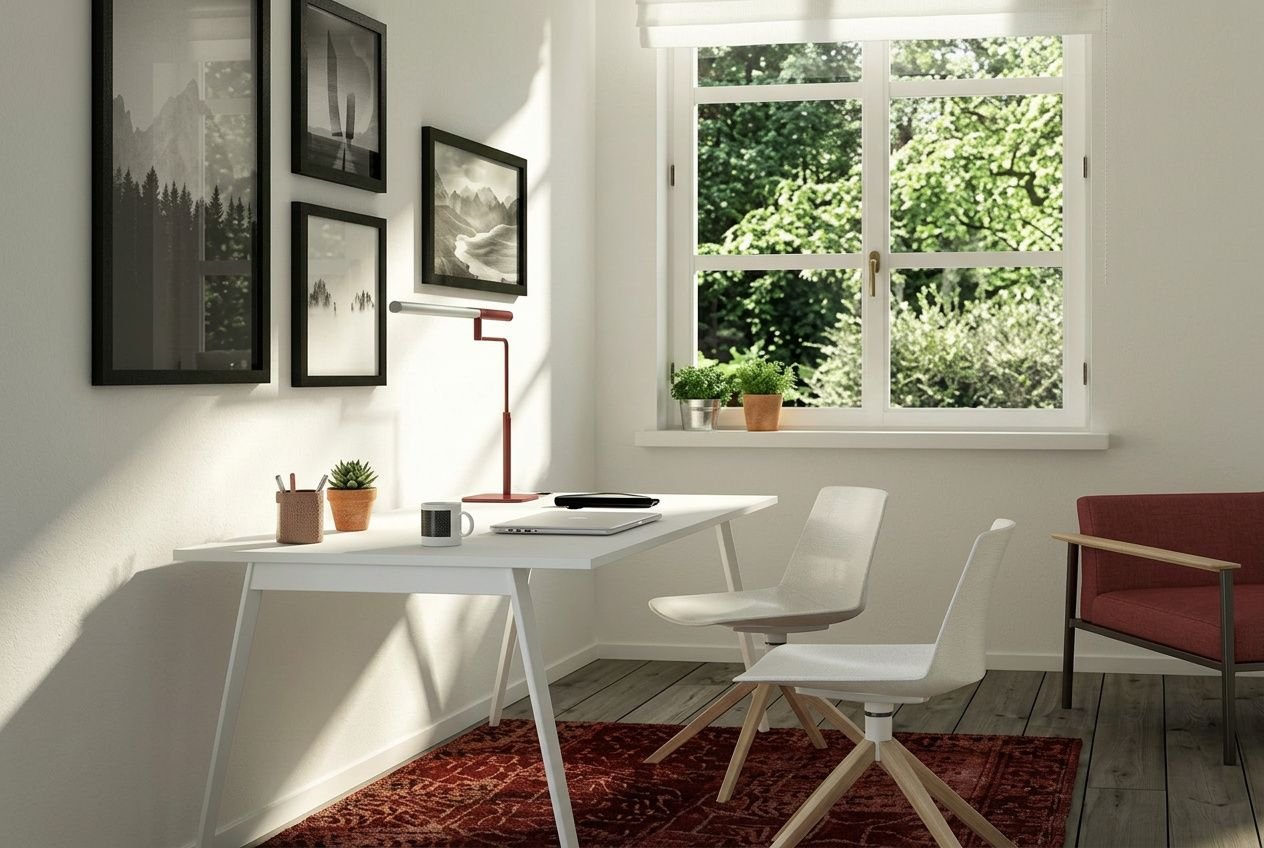 Coin bureau télétravail petit espace avec bureau blanc, chaise pivotante et canapé rouge, murs décorés et lumière naturelle par la fenêtre.