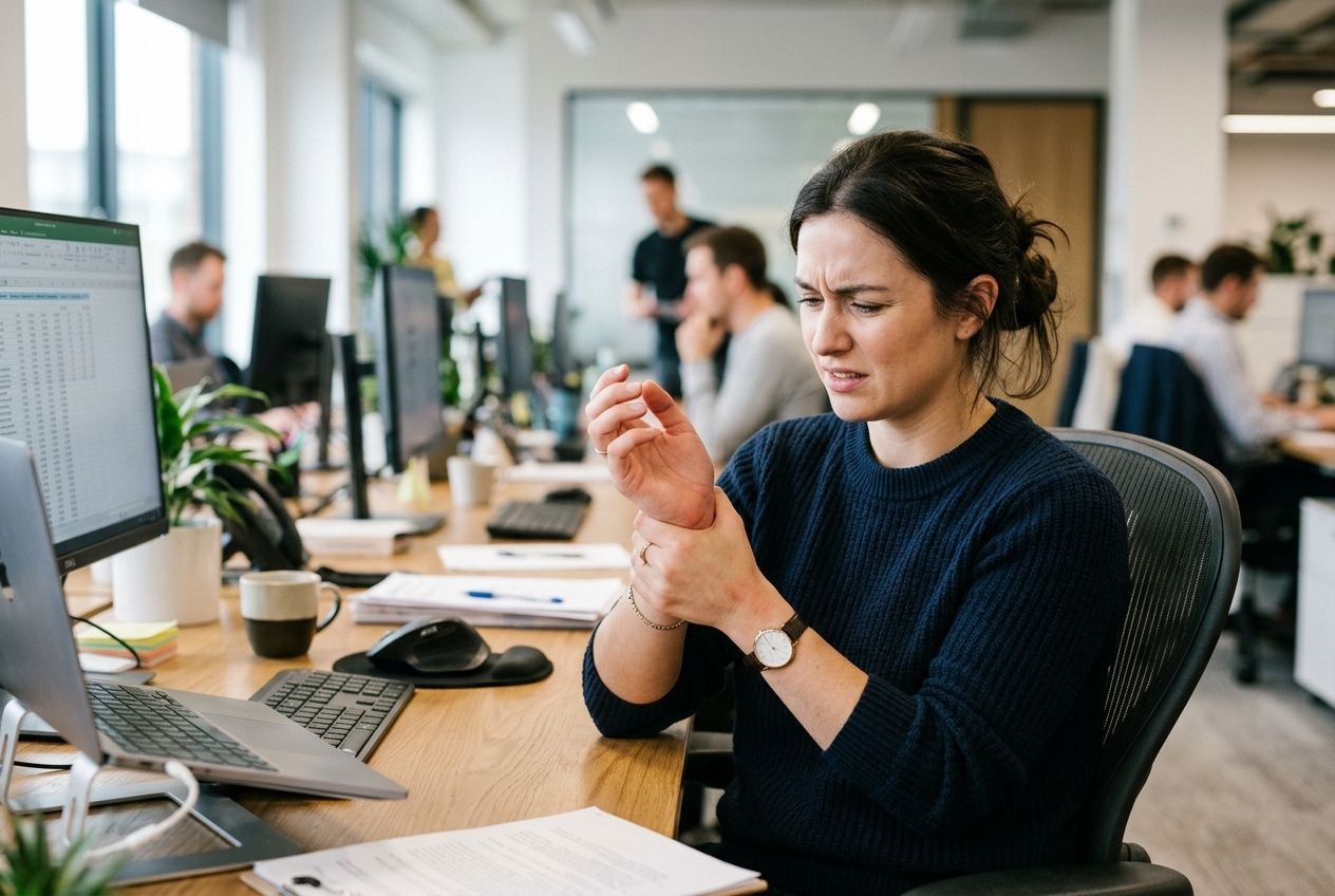 Collaboratrice de bureau en tension devant son ordinateur, signe de douleur au poignet, dans un open space. guide de prévention des troubles musculo-squelettiques intégré.