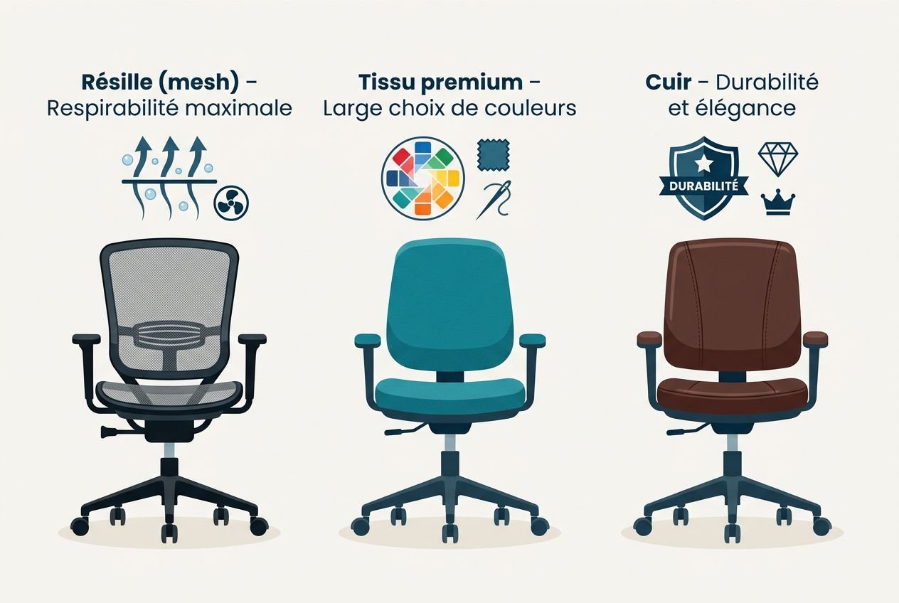 Comment choisir un fauteuil de bureau ergonomique : comparaison de sièges avec maille respirante, tissu premium et cuir durable.