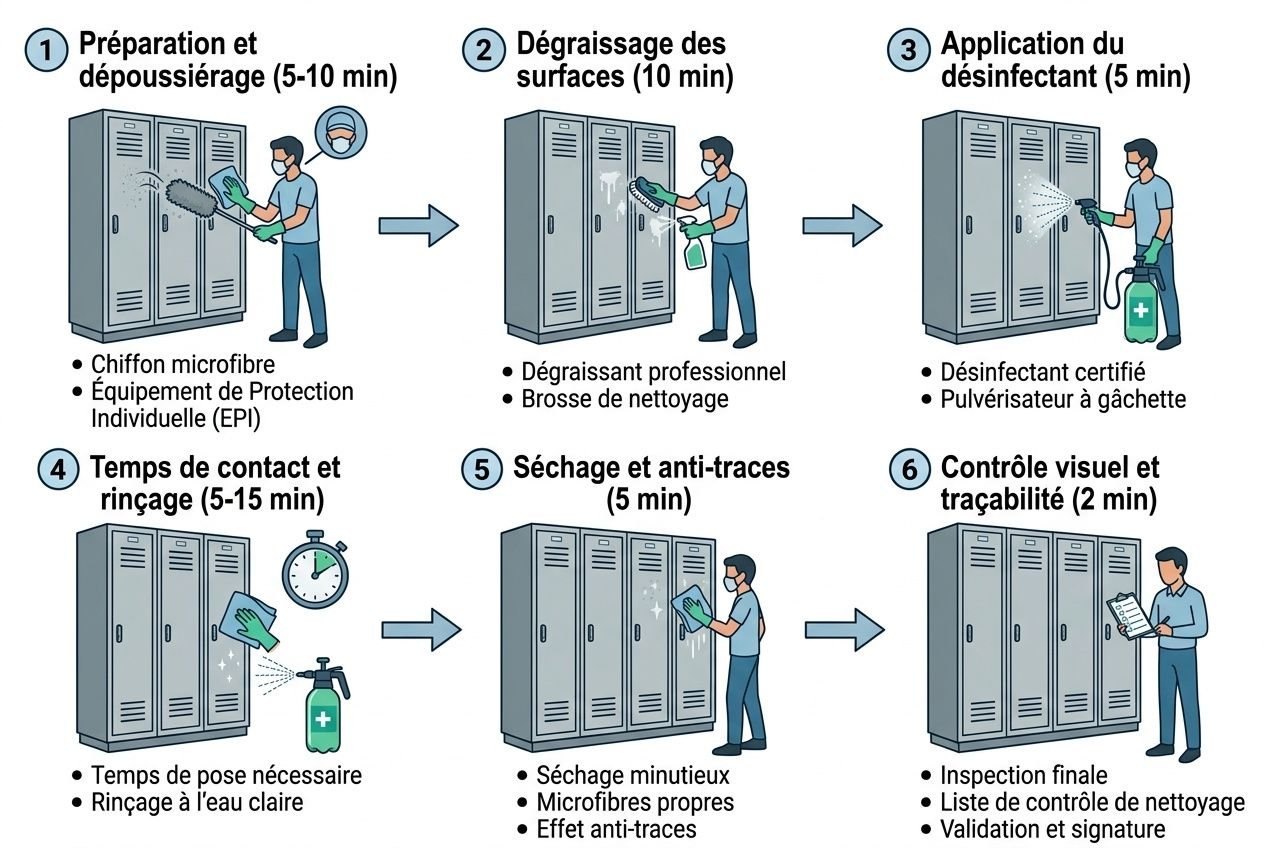 Comment entretenir et nettoyer les casiers métalliques professionnels: procédure visuelle étape par étape pour préparation, dégraissage, désinfection, rinçage, séchage et contrôle.