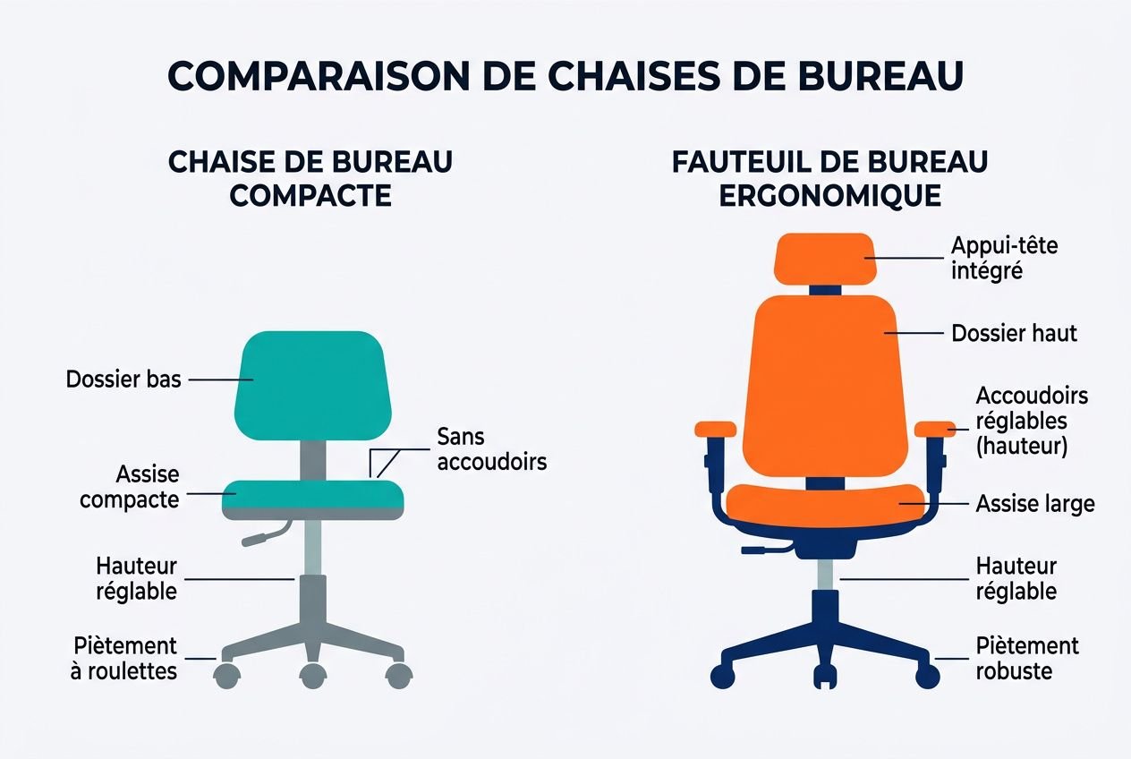 Comparaison de chaises de bureau: chaise de bureau compacte et fauteuil ergonomique avec accoudoirs, dossier haut et siège rembourré.