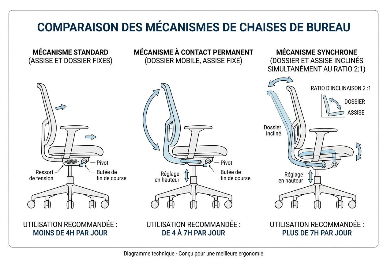 Comparaison des mécanismes de chaises de bureau: chaise avec mécanisme standard, mécanisme à contact permanent et mécanisme synchrone, démonstrations de positions et conseils d’utilisation.chaise ergonomique télétravail
