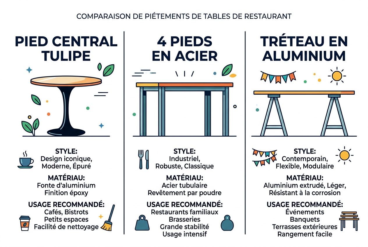 Comparaison de piétements pour tables de restaurant: pied central tulipe, quatre pieds en acier et tréteau en aluminium, avec style et matériaux adaptés au mobilier restaurant professionnel.
