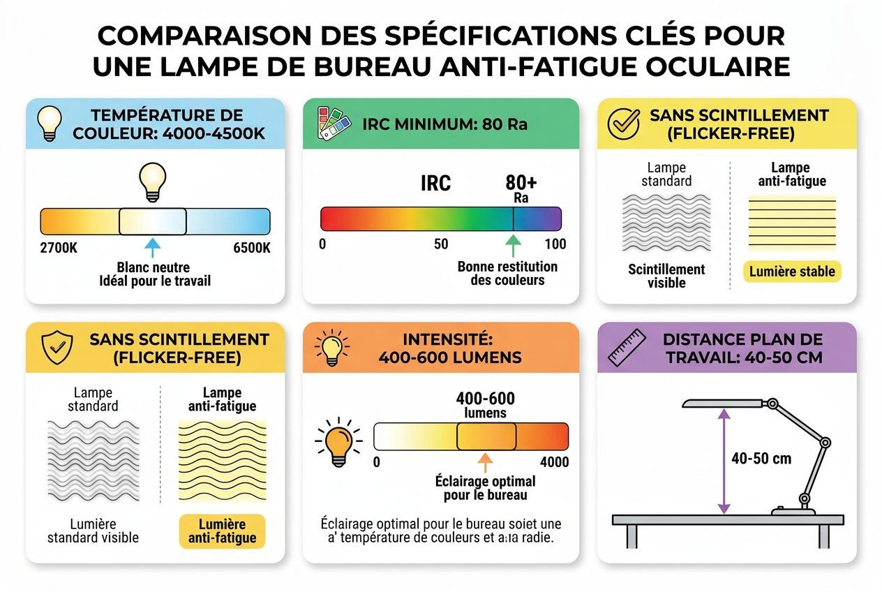 Comparaison des spécifications clés pour une lampe de bureau anti-fatigue oculaire, avec paramètres couleur 2700–6500K et IRC ≥80 Ra, sans scintillement, intensité 400–6000 lumens et distance de travail 40–50 cm.