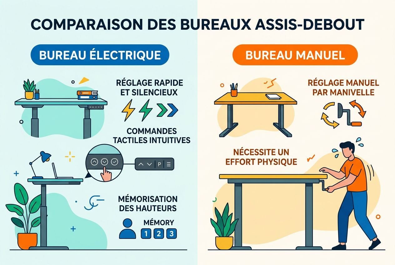 Comparatif des bureaux assis-debout: bureau électrique et bureau manuel illustrés avec table ajustable et personne poussant une table, ambiance bureautique.