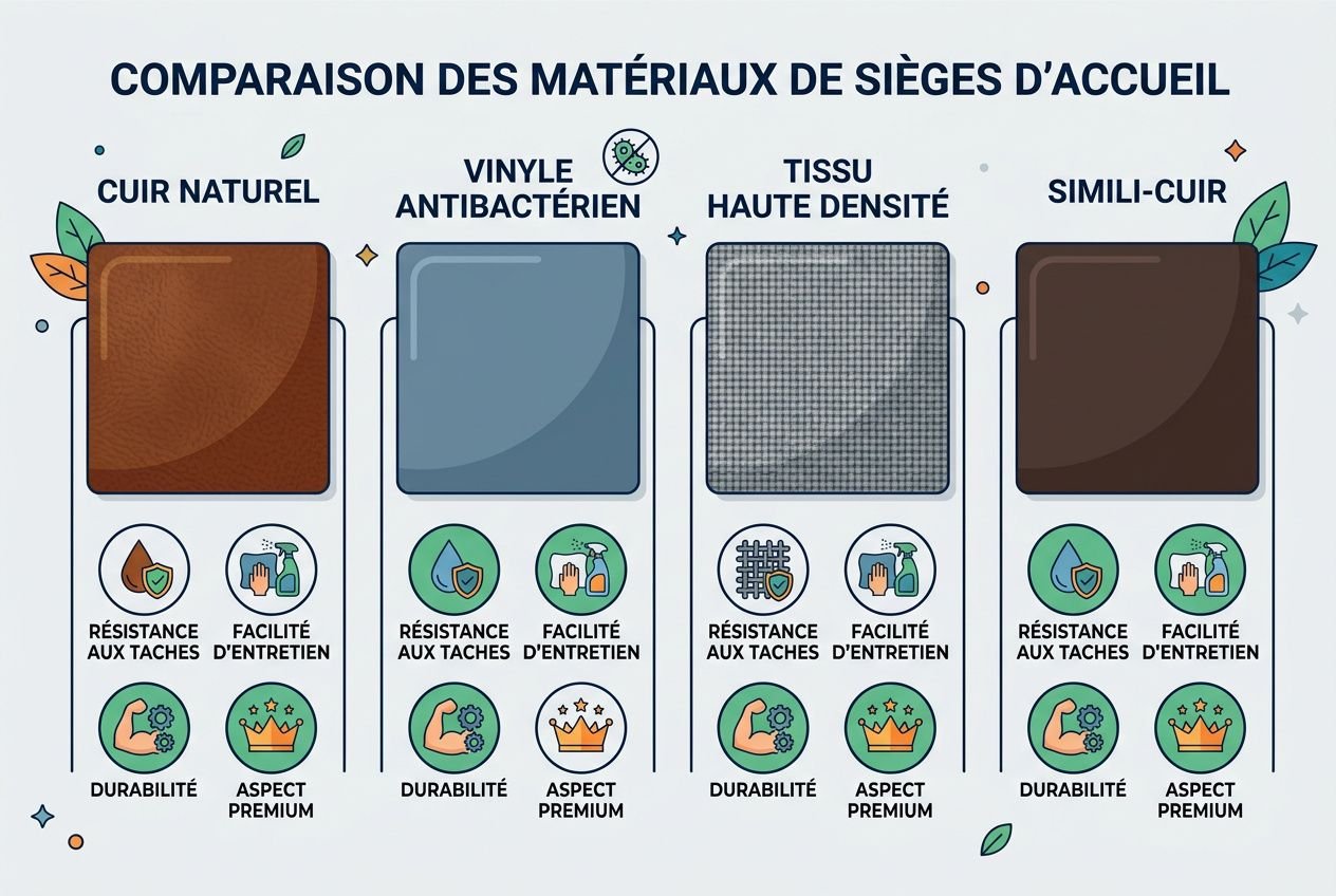 Comparatif des matériaux de sièges d’accueil: cuir naturel, vinyle antibactérien, tissu haute densité et simili-cuir, avec leurs atouts et entretiens.