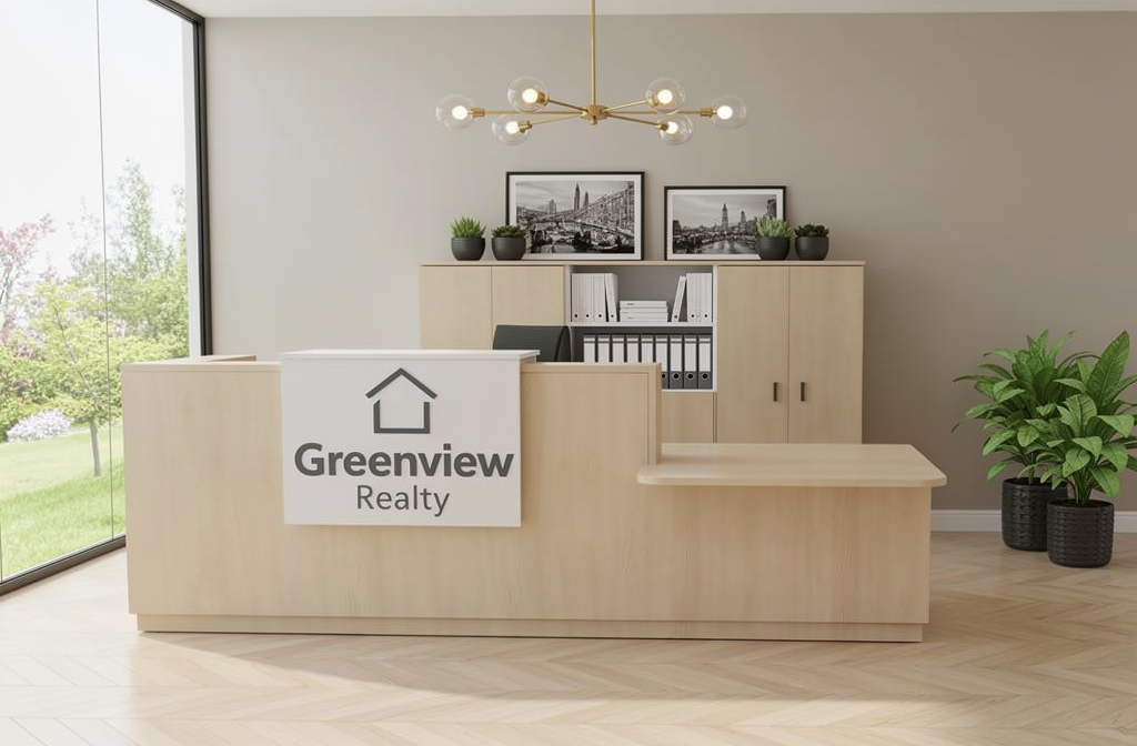 Comptoir d’accueil en bois clair avec enseigne Greenview Realty et décor moderne dans un bureau rayonnant.