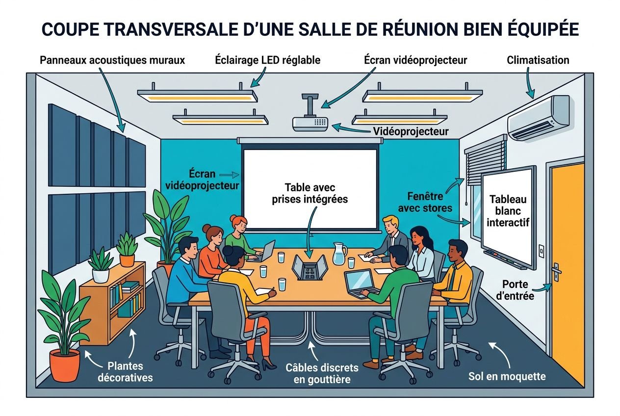 Coupe transversale d’une salle de réunion bien équipée avec table centrale et prises intégrées, écran vidéoprojecteur, câbles discrets, et mobilier ergonomique autour.