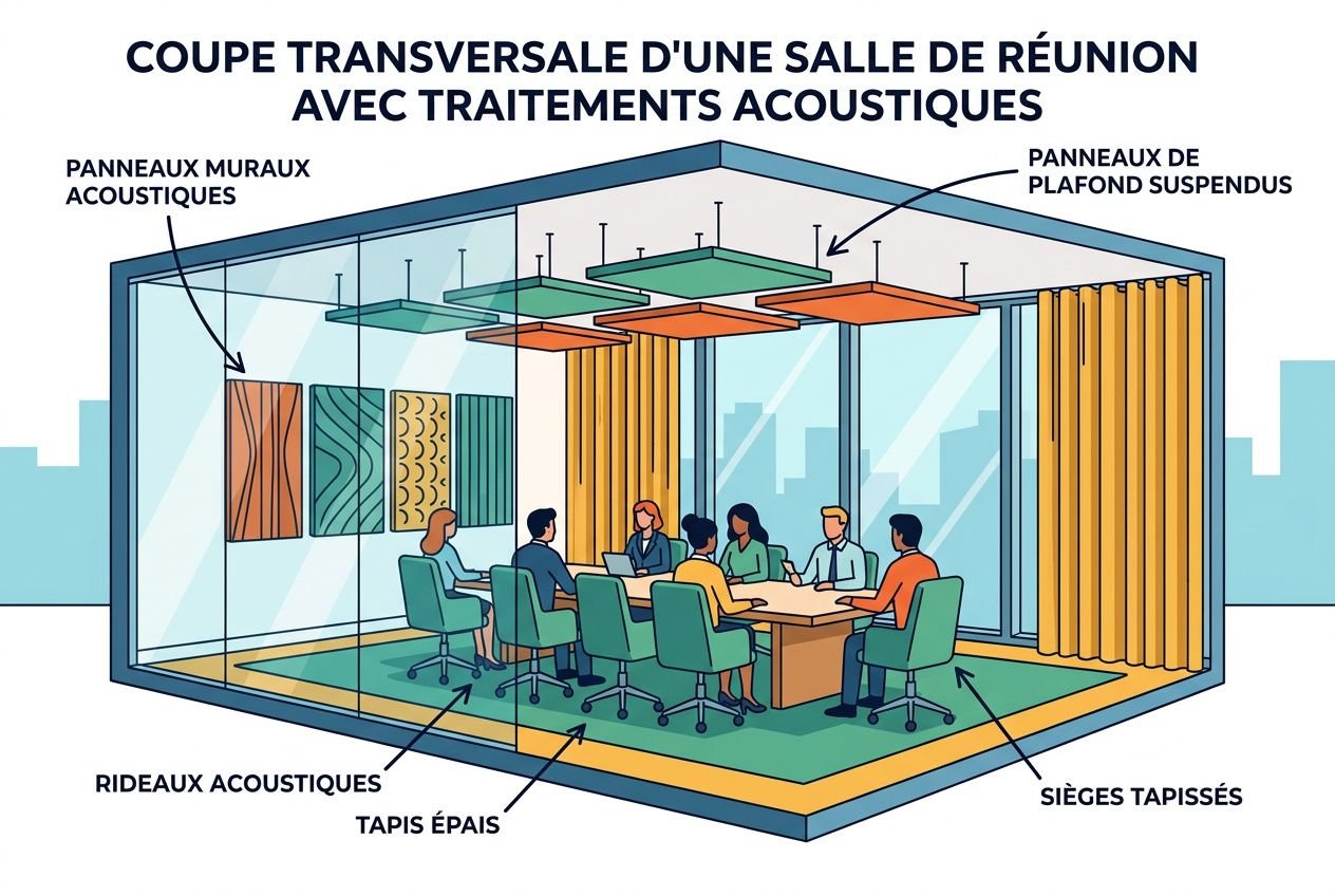 Coupe transversale d’une salle de réunion avec traitements acoustiques et rideaux; assises sur sièges tapissés autour d’une grande table.