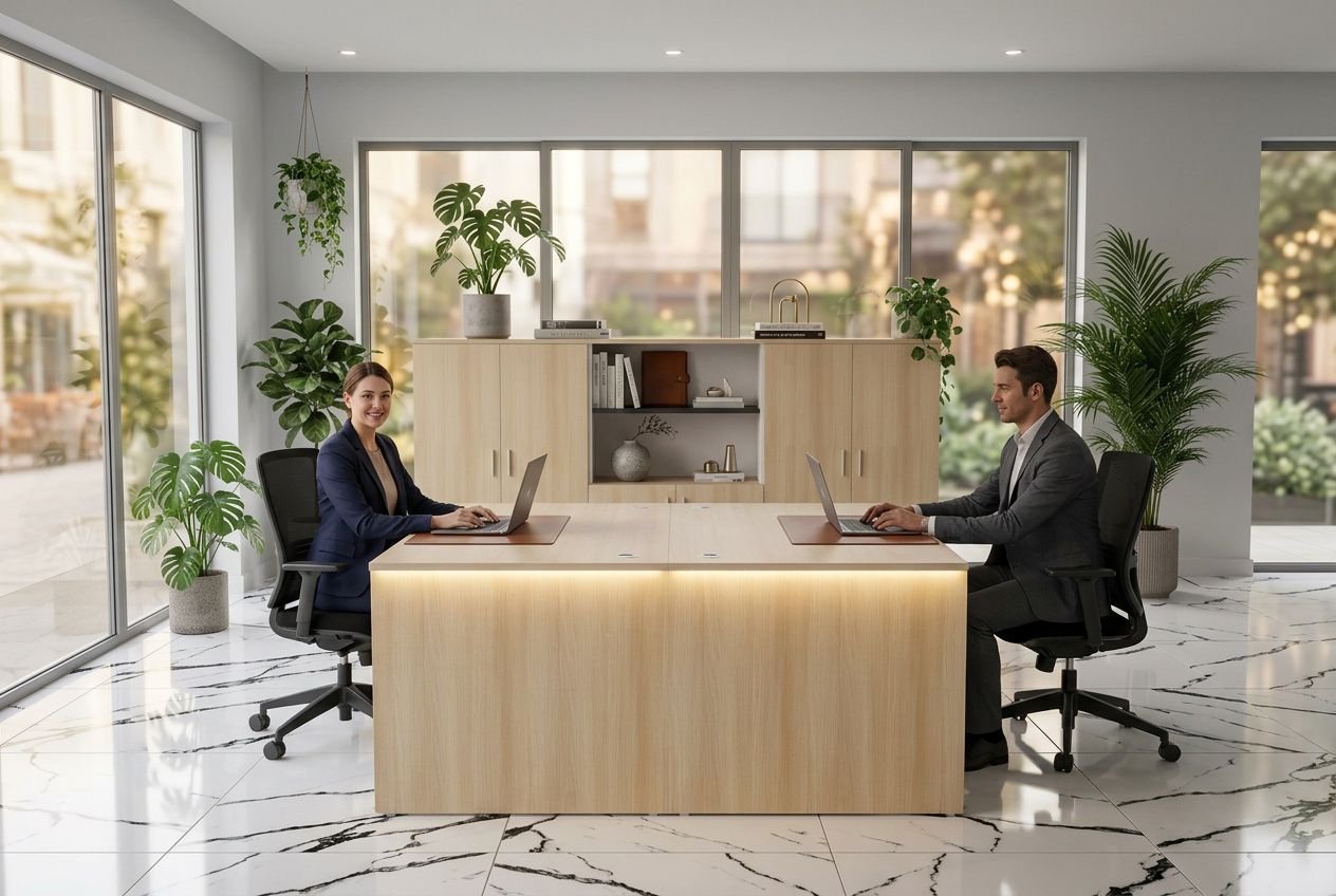 Deux bureaux face à face autour d’un grand plan de travail en bois clair, idéal pour aménager un bureau pour deux personnes, dans un espace lumineux avec plantes et rangements.